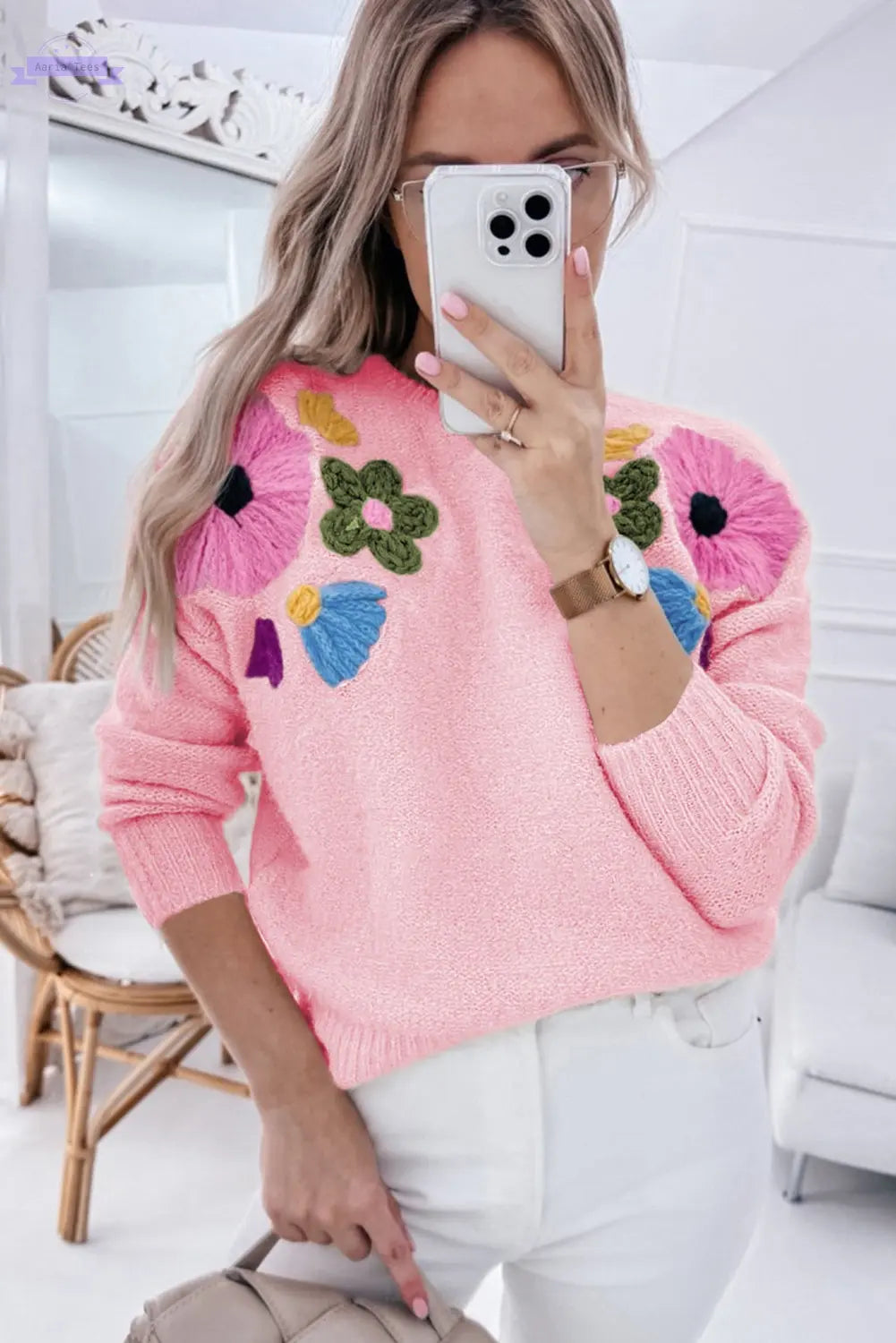 Beige Knitted Flower Pattern Ribbed Edge Sweater - Aaria Tees Aaria Tees