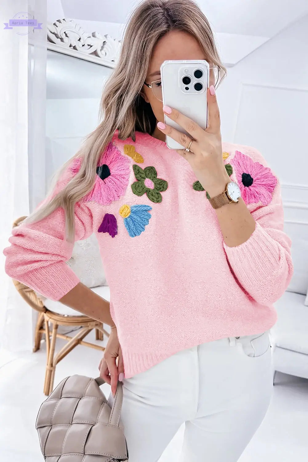 Beige Knitted Flower Pattern Ribbed Edge Sweater - Aaria Tees Aaria Tees