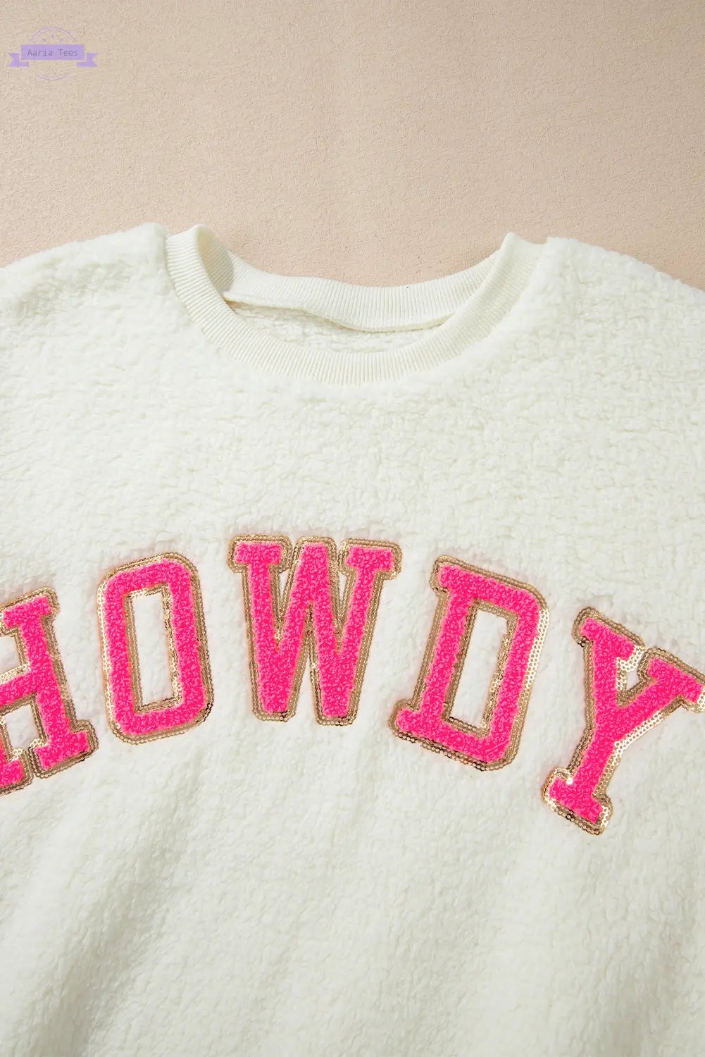 Beige Sherpa HOWDY Patched Pullover Sweatshirt Aaria Tees