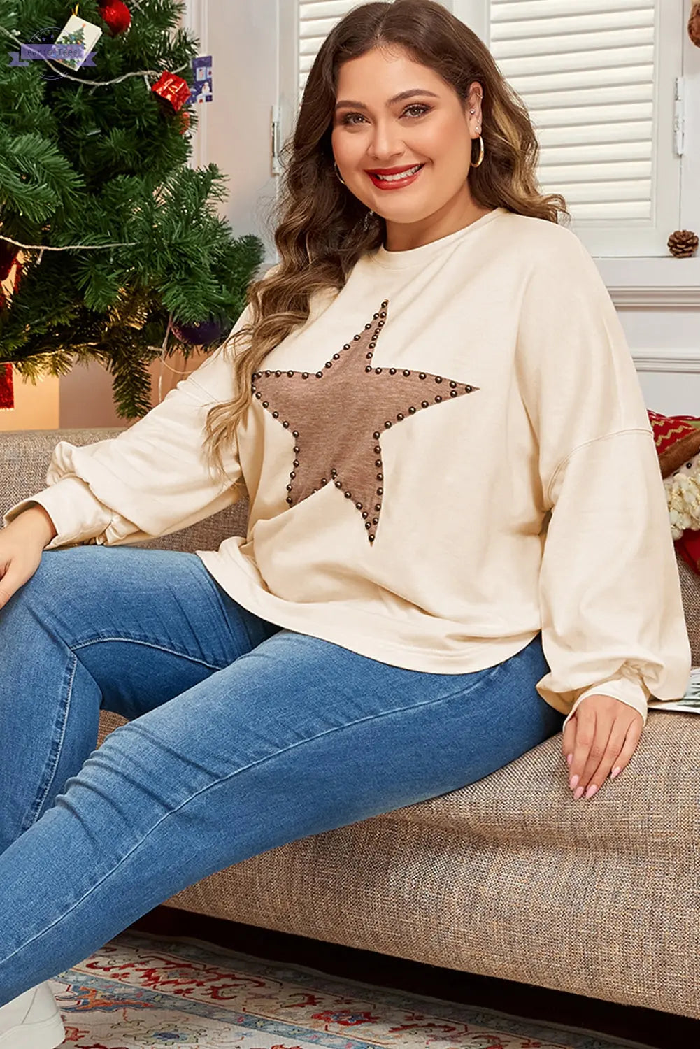Beige Star Shape Studded Crew Neck Plus Size T Shirt Aaria Tees