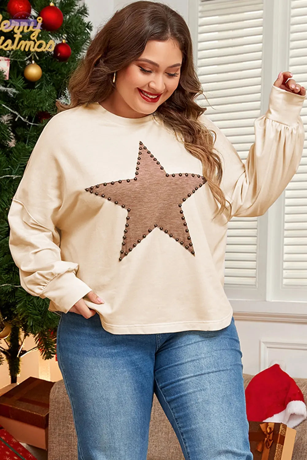Beige Star Shape Studded Crew Neck Plus Size T Shirt Aaria Tees