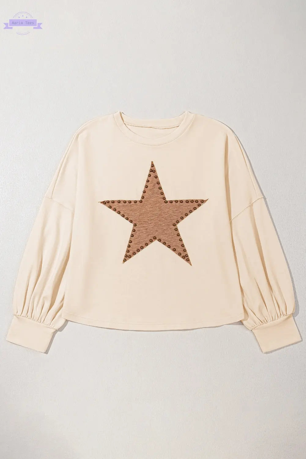 Beige Star Shape Studded Crew Neck Plus Size T Shirt Aaria Tees