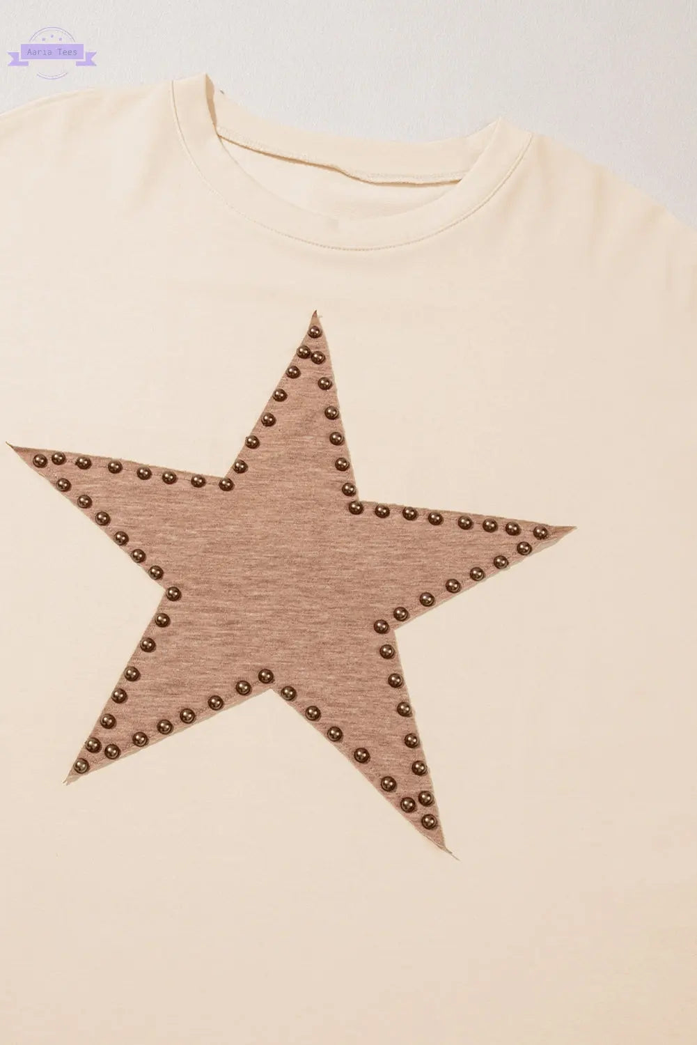 Beige Star Shape Studded Crew Neck Plus Size T Shirt Aaria Tees