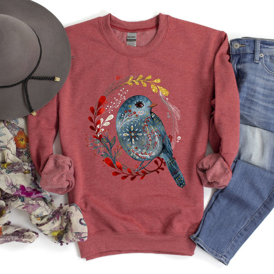Bird Folk Art Scandinavian Winter Christmas Sweatshirt