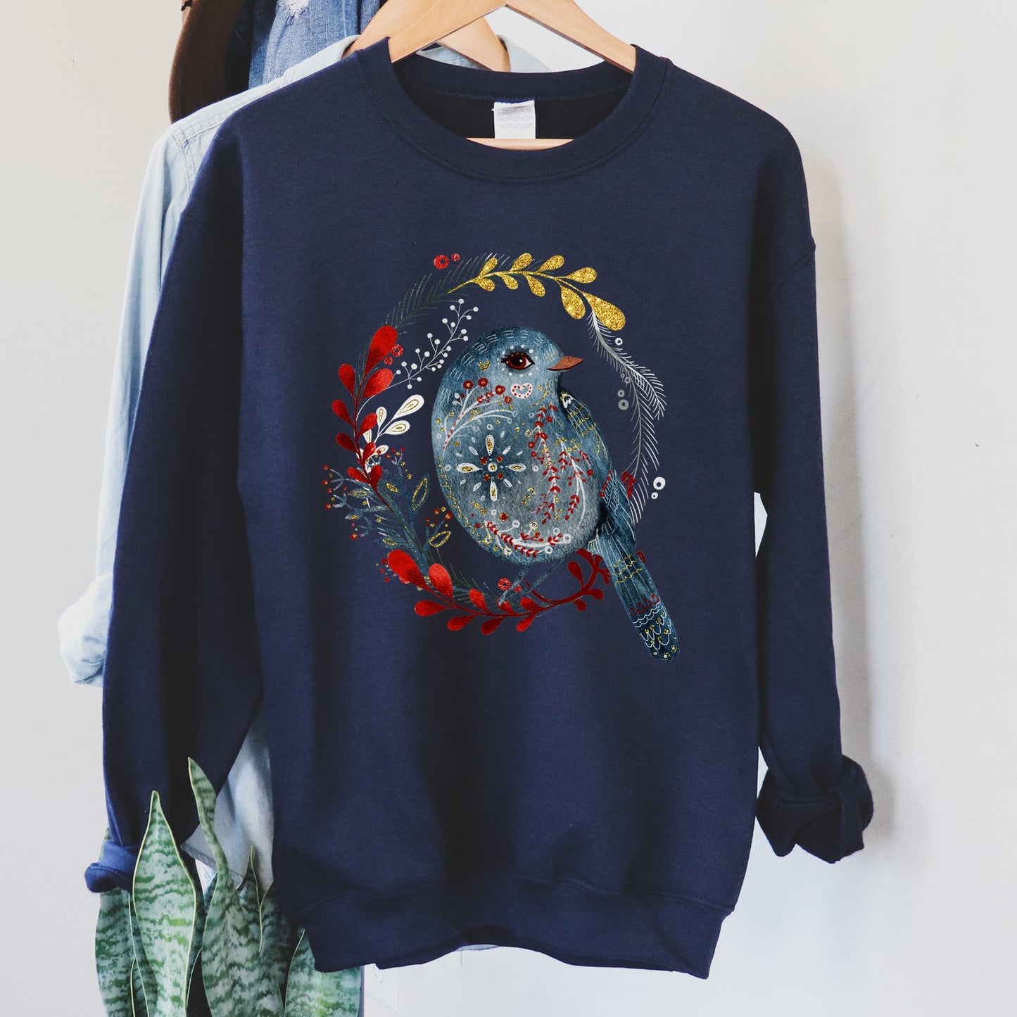 Bird Folk Art Scandinavian Winter Christmas Sweatshirt
