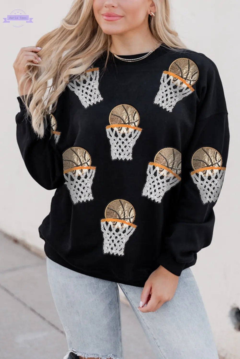 Black Basketball Patched Game Day Crew Neck Graphic Sweatshirt Aaria Tees