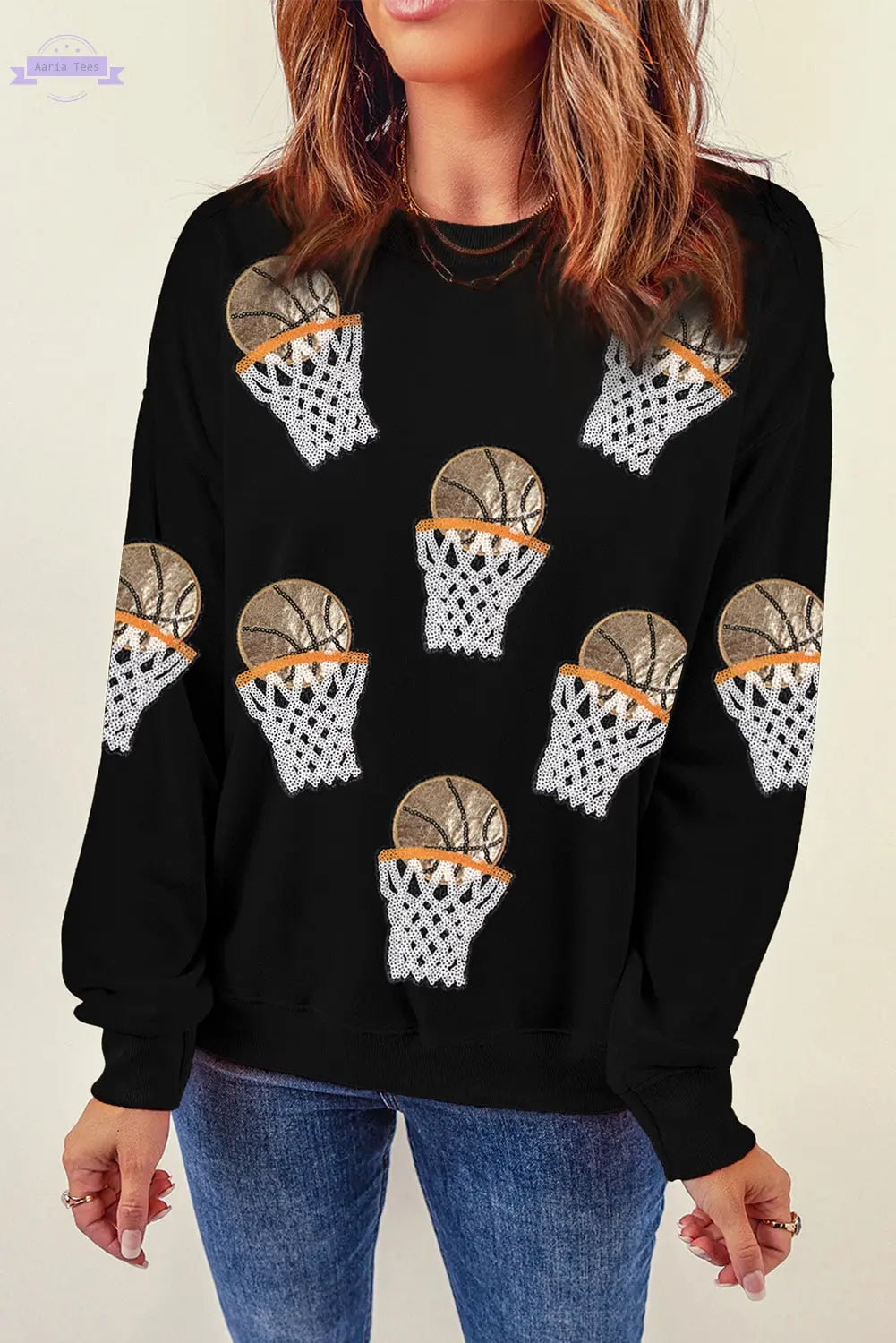 Black Basketball Patched Game Day Crew Neck Graphic Sweatshirt Aaria Tees