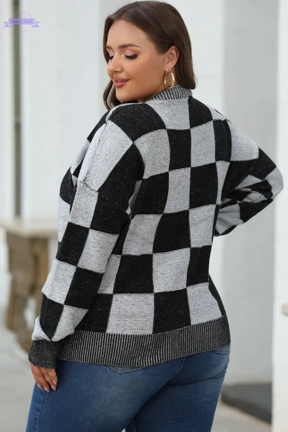 Black Checkered Drop Shoulder Buttoned V Neck Cardigan Aaria Tees