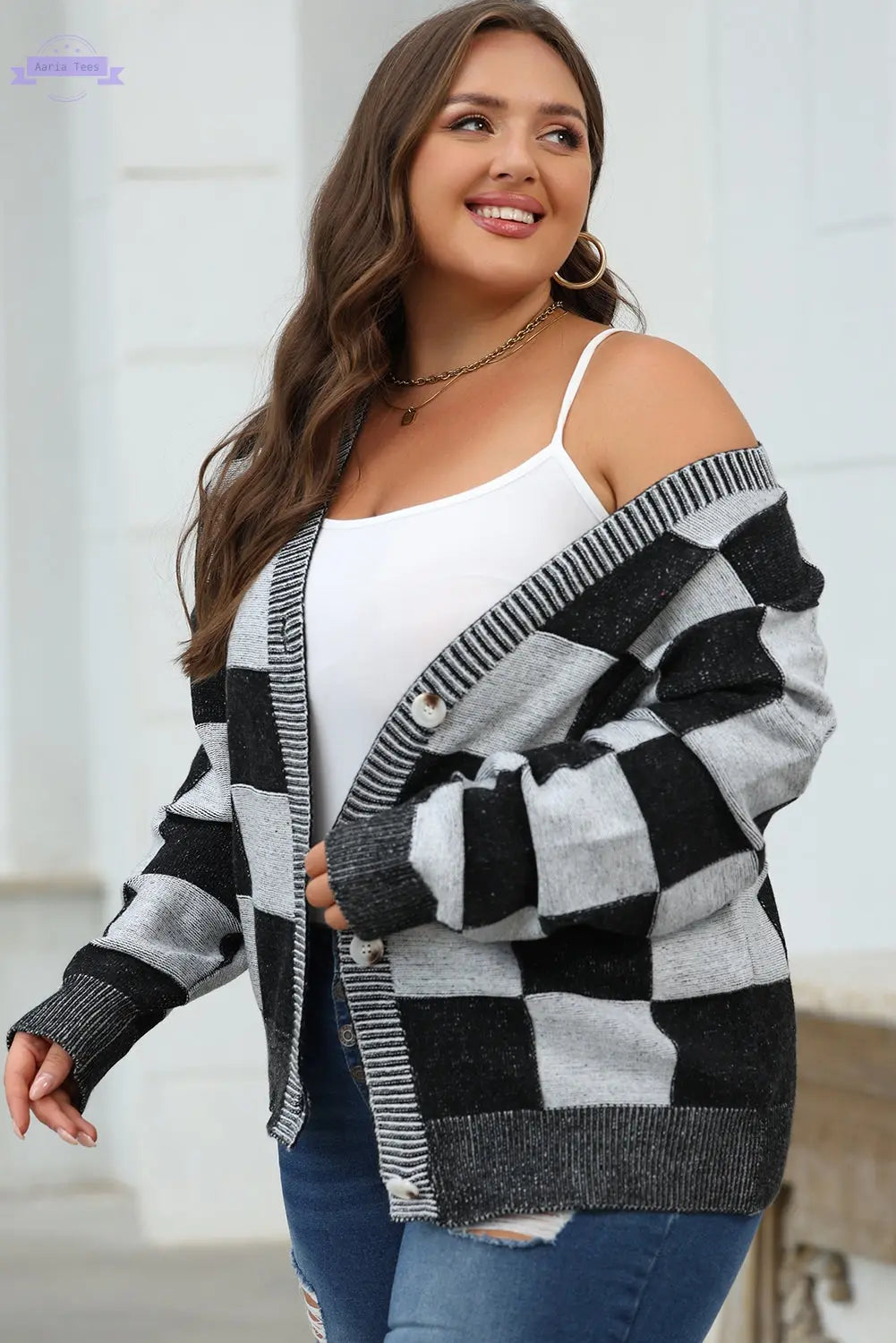 Black Checkered Drop Shoulder Buttoned V Neck Cardigan Aaria Tees