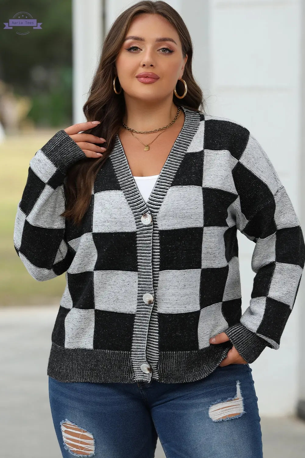 Black Checkered Drop Shoulder Buttoned V Neck Cardigan Aaria Tees
