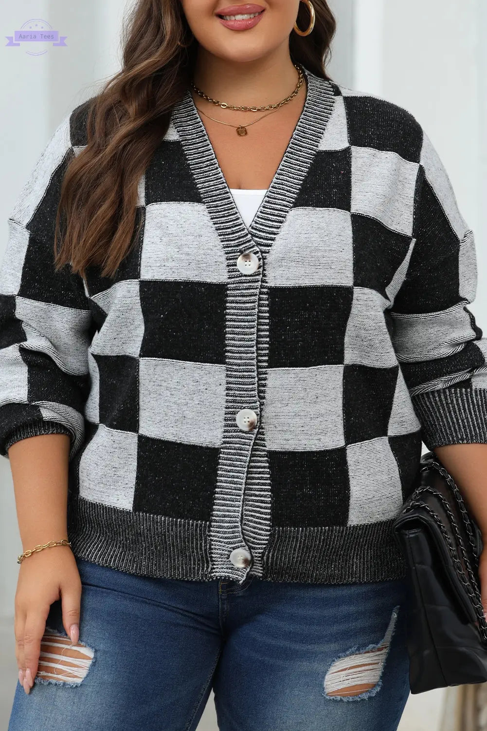 Black Checkered Drop Shoulder Buttoned V Neck Cardigan Aaria Tees