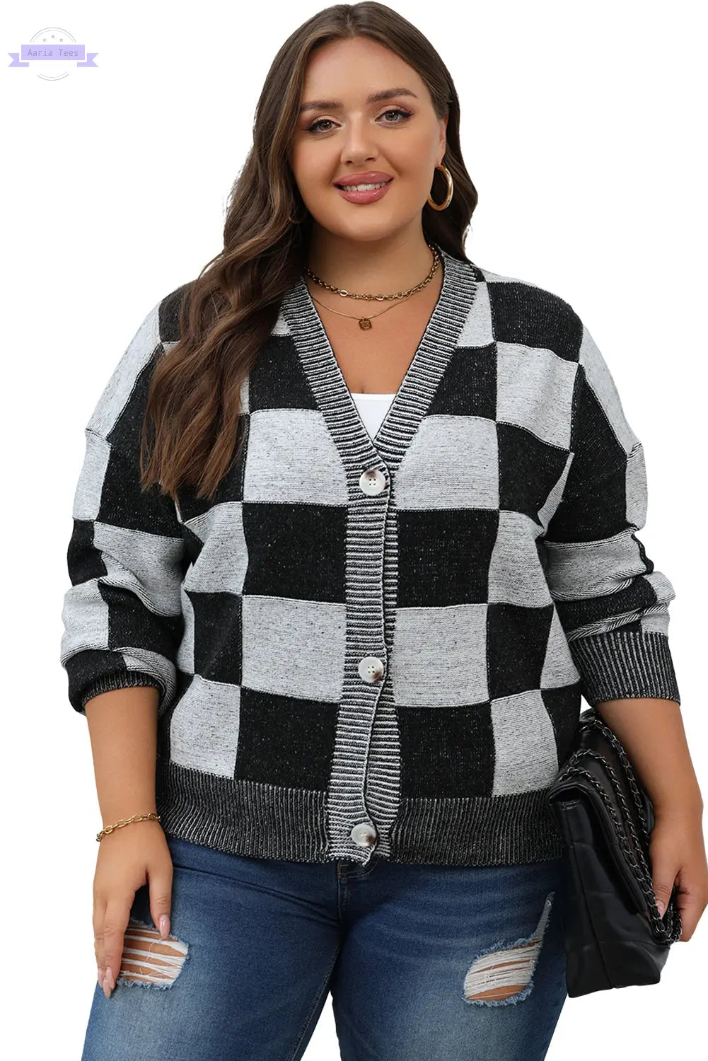 Black Checkered Drop Shoulder Buttoned V Neck Cardigan Aaria Tees
