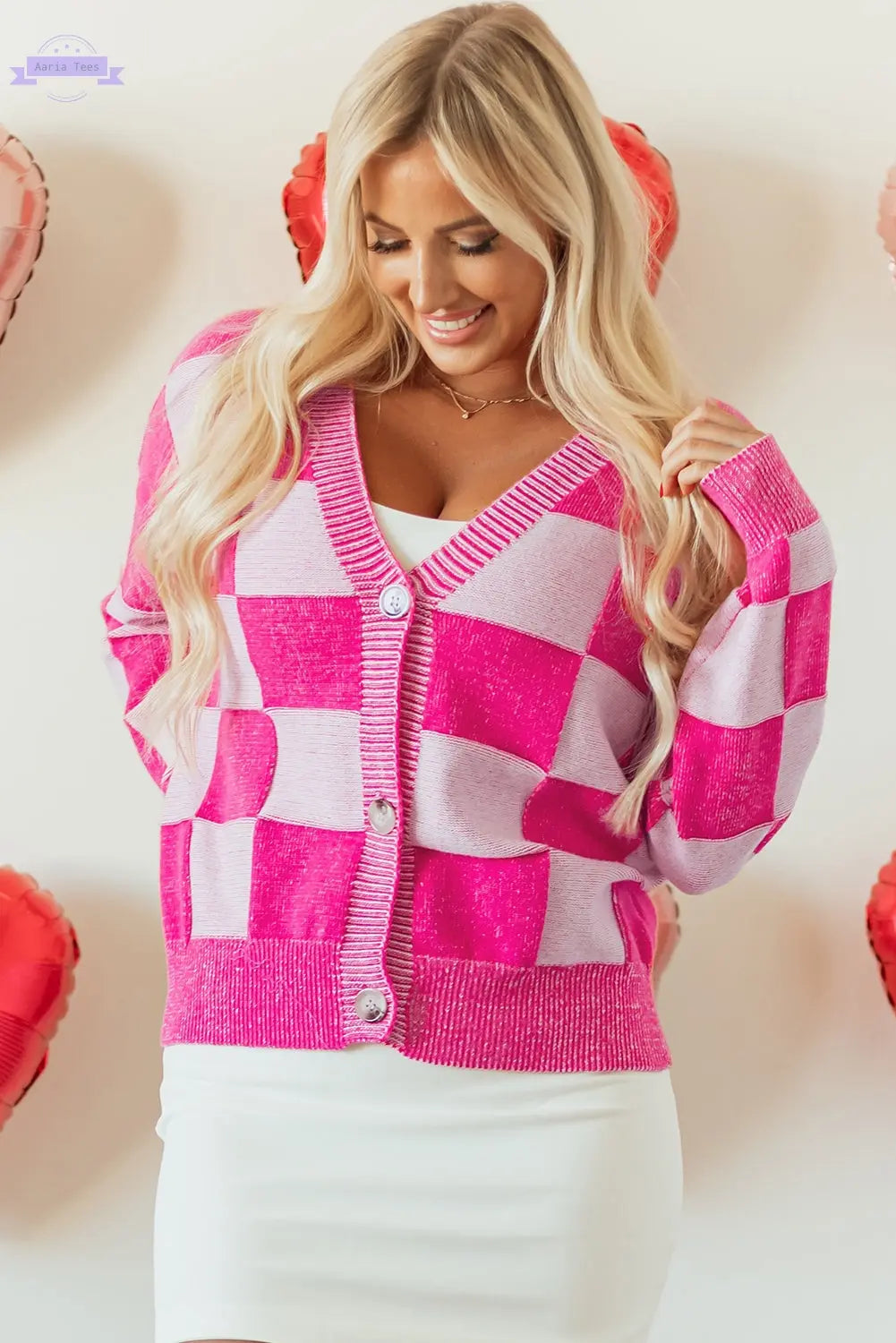 Black Checkered Drop Shoulder Buttoned V Neck Cardigan Aaria Tees