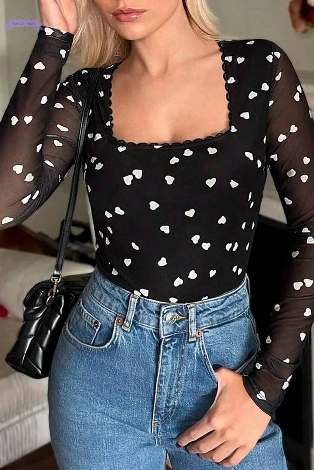 Black Heart Shape Mesh Patchwork Square Neck Bodysuit Aaria Tees