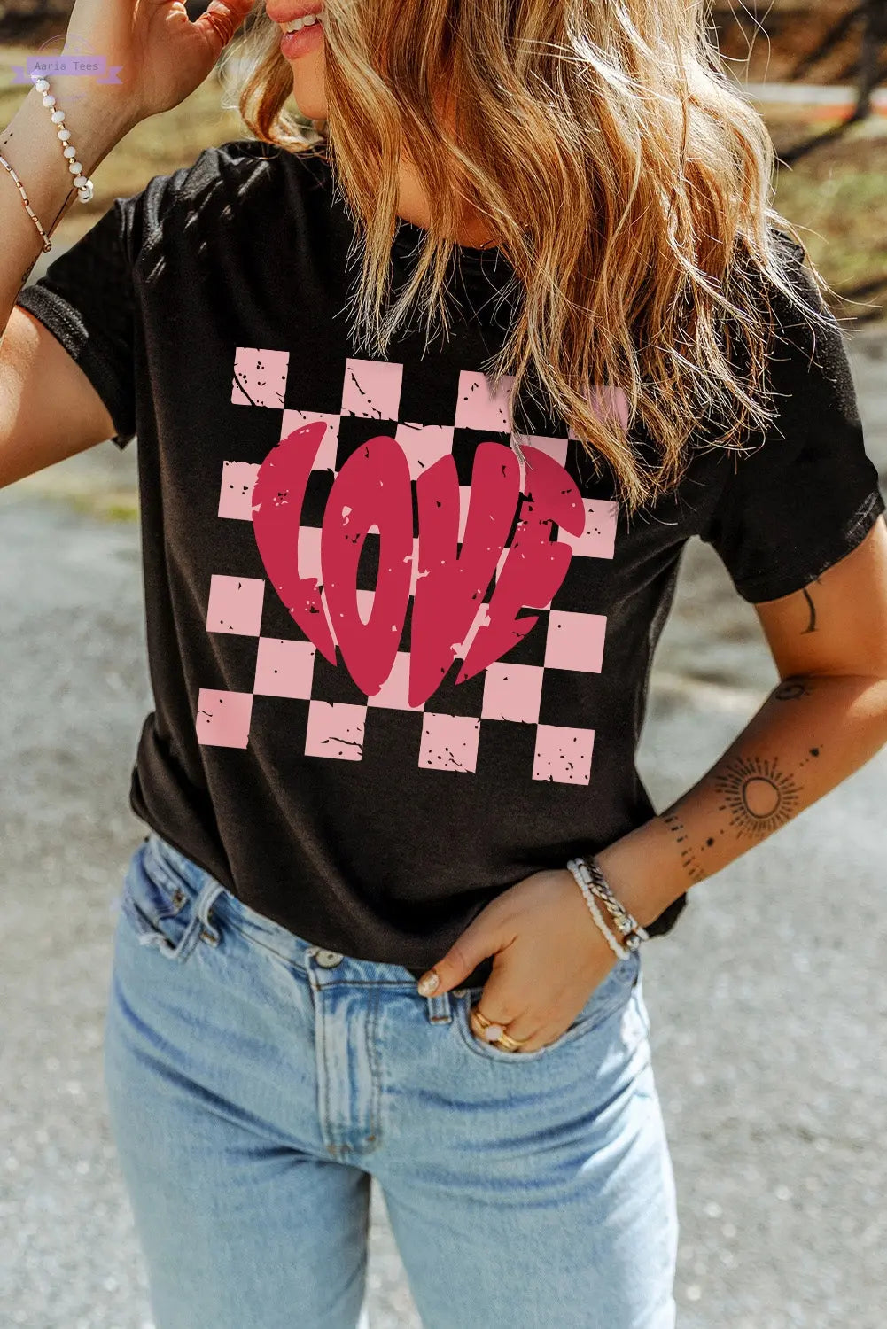 Black LOVE Checkered Graphic Valentine Tee Aaria Tees Aaria Tees