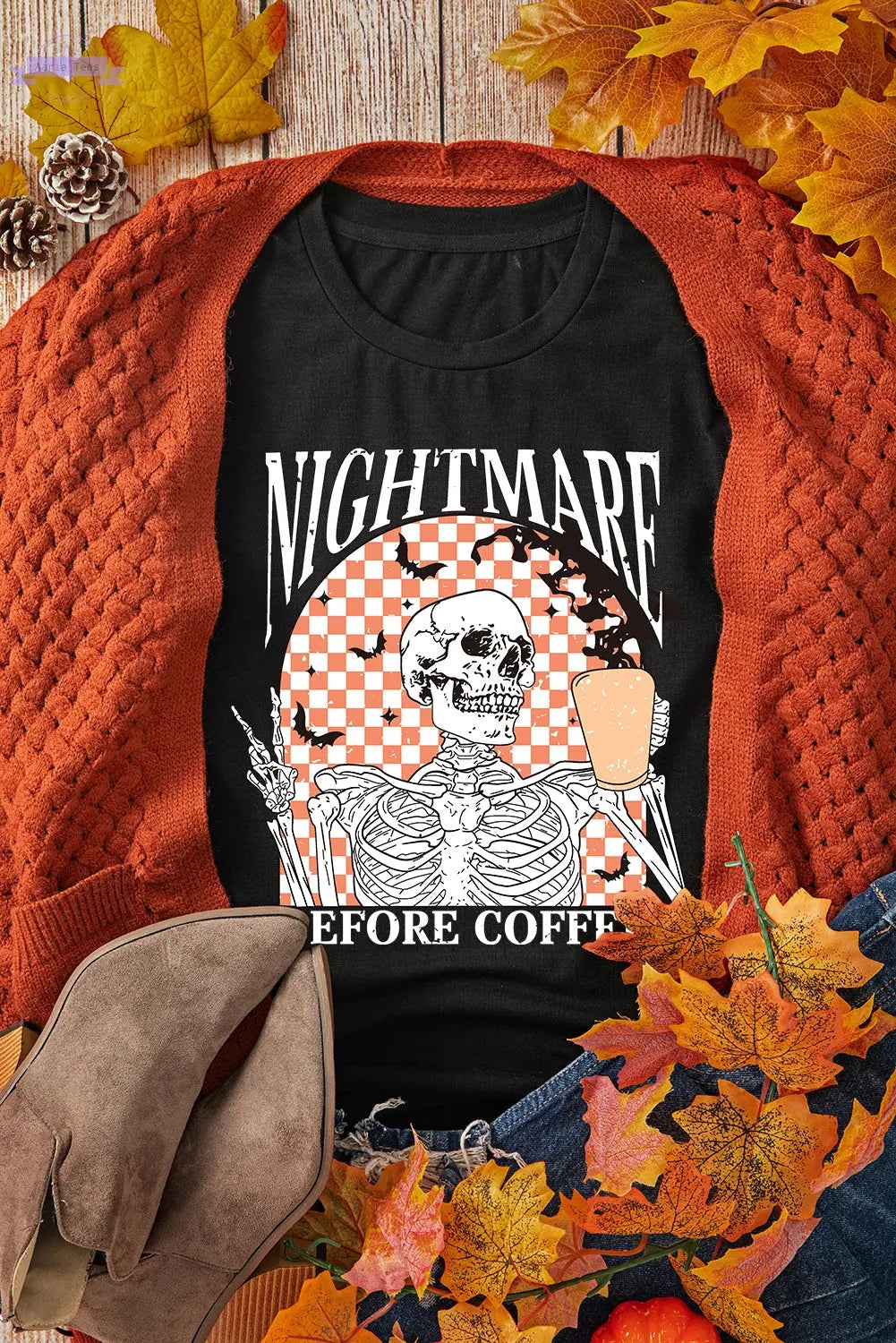 Black Nightmare Before Coffee Skull Checkerboard Graphic Halloween Tee Aaria Tees
