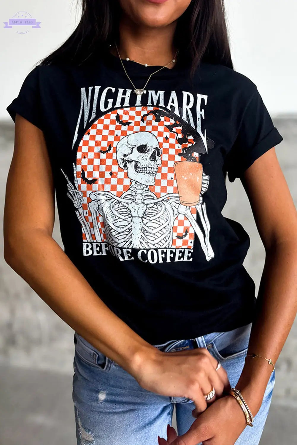 Black Nightmare Before Coffee Skull Checkerboard Graphic Halloween Tee Aaria Tees