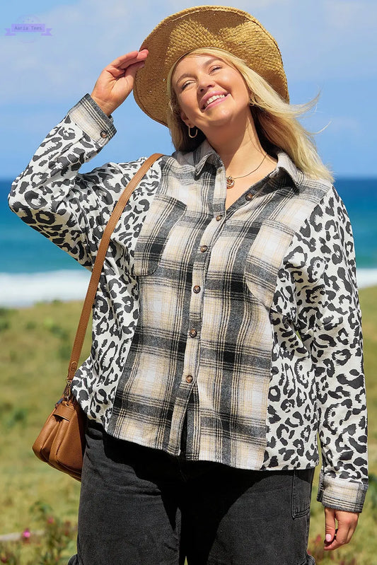 Black Plus Size Plaid Leopard Printed Patchwork Button Up Shacket Aaria Tees