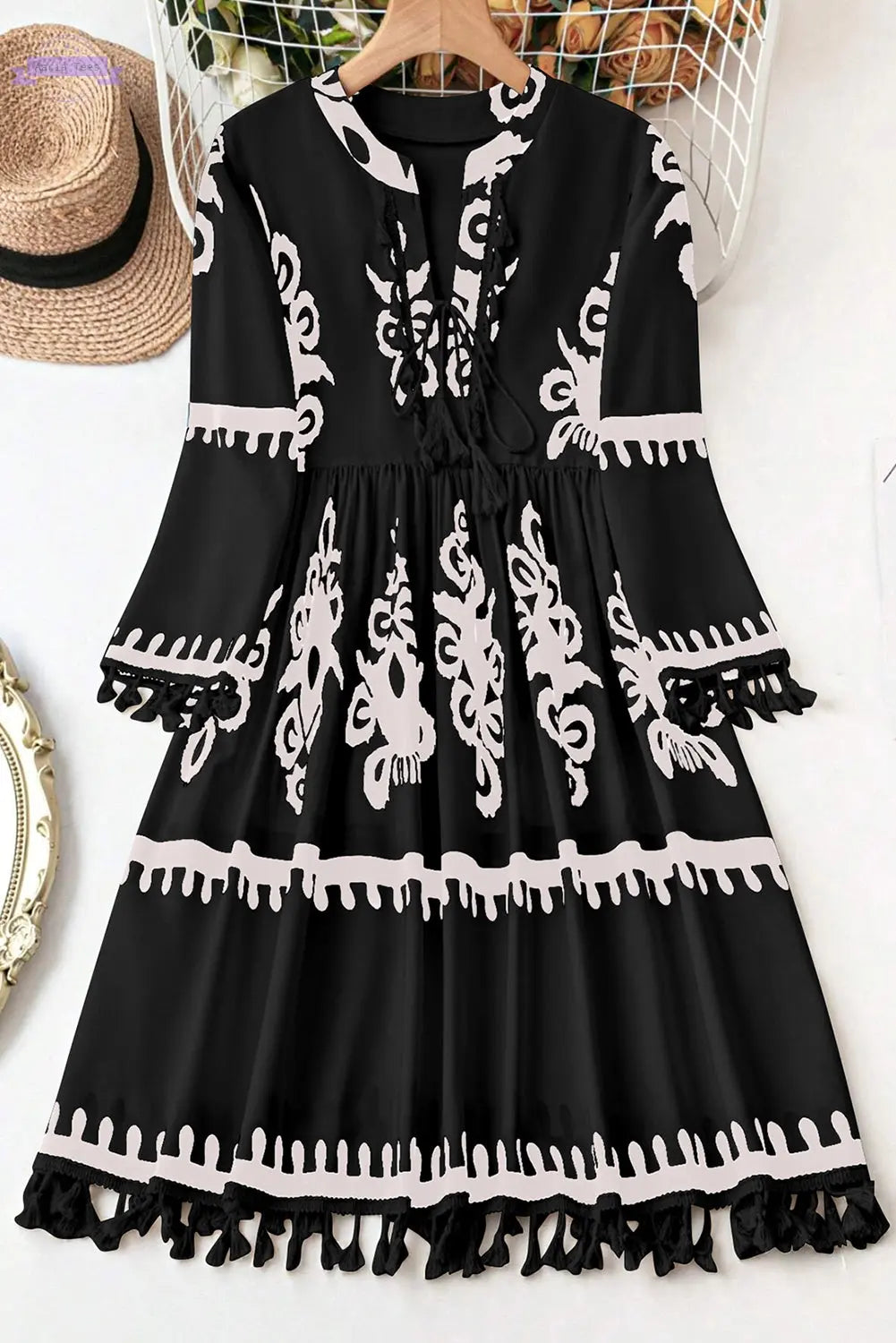 Black Plus Size Western Floral Print Fringed V Neck Dress Aaria Tees