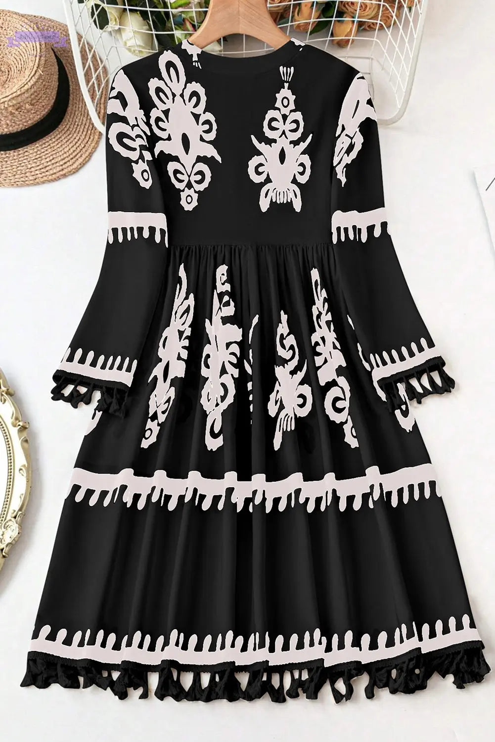 Black Plus Size Western Floral Print Fringed V Neck Dress Aaria Tees
