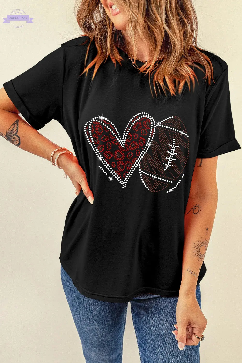 Black Rhinestone Rugby Football Heart Shape Graphic T Shirt Aaria Tees