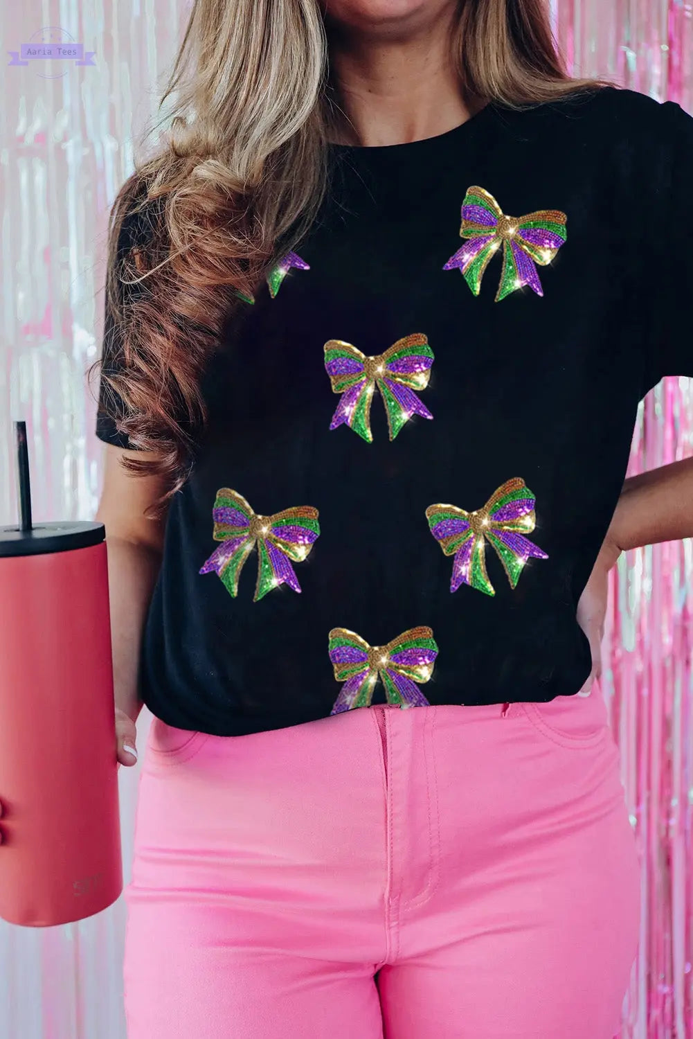 Black Sequin Mardi Gras Bow Graphic Crewneck Tee Aaria Tees