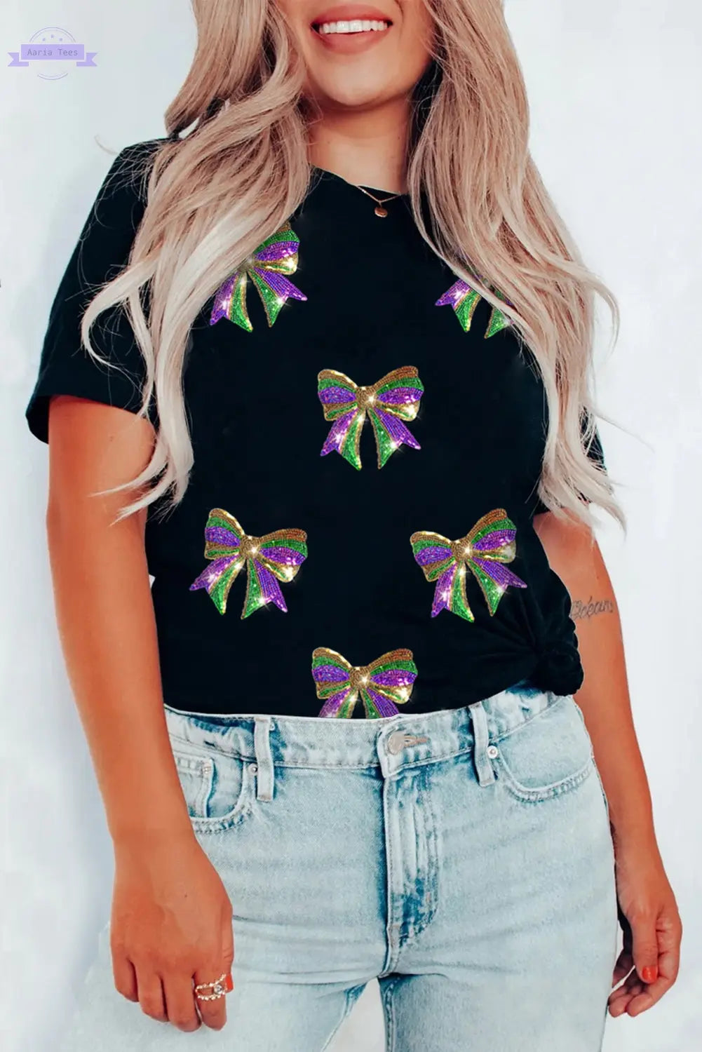 Black Sequin Mardi Gras Bow Graphic Crewneck Tee Aaria Tees
