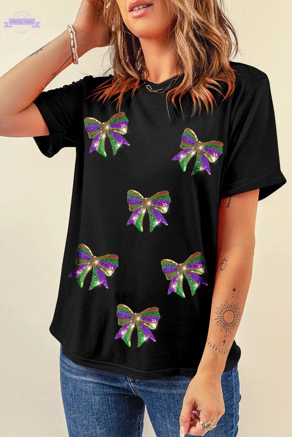 Black Sequin Mardi Gras Bow Graphic Crewneck Tee Aaria Tees