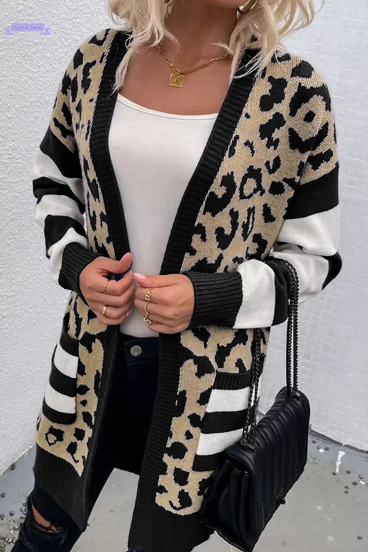 Black Stripe Sleeve Leopard Print Open Front Cardigan With Pockets Aaria Tees