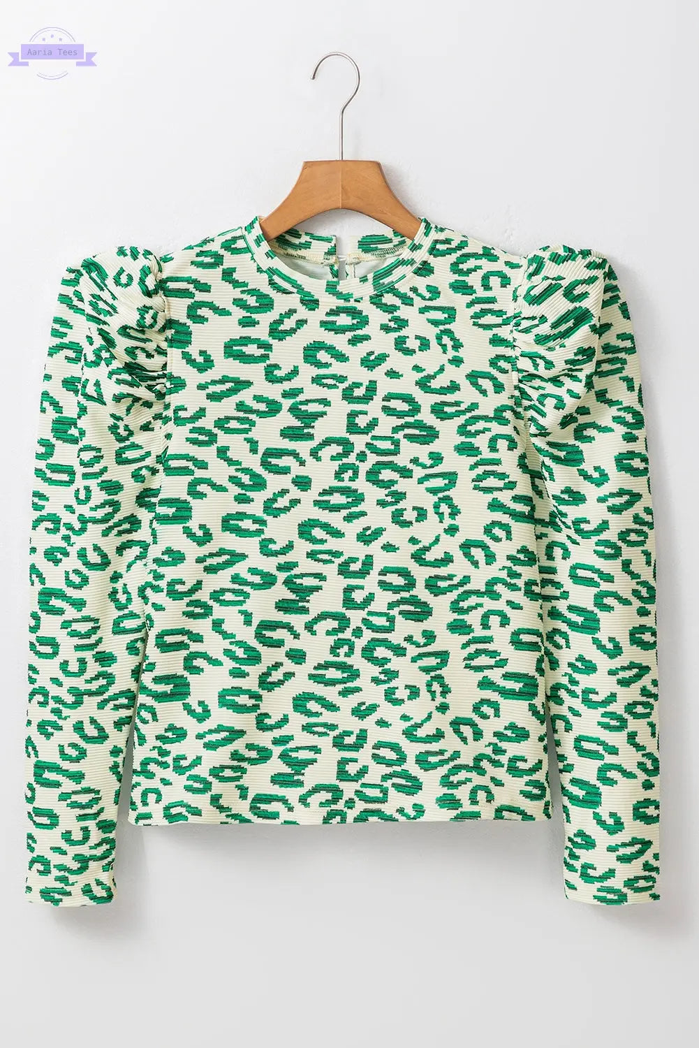 Blackish Green Leopard Print Mock Neck Puff Sleeve Top Aaria Tees
