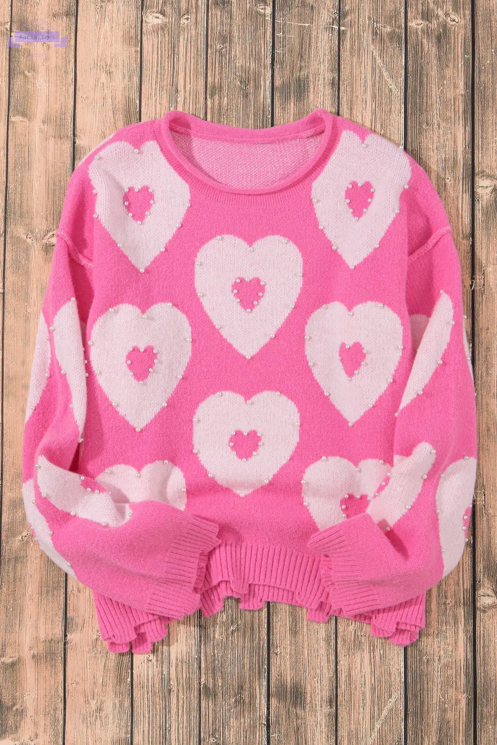 Bonbon Pearl Beaded Heart Drop Shoulder Sweater Aaria Tees