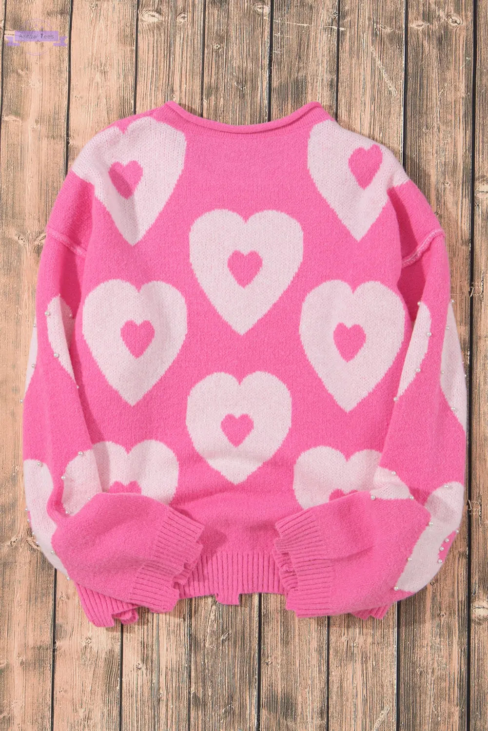 Bonbon Pearl Beaded Heart Drop Shoulder Sweater Aaria Tees