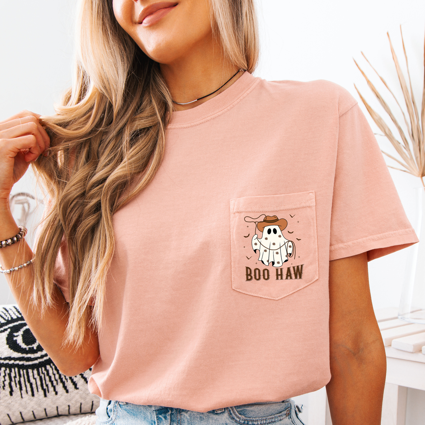 Boo Haw, Lasso, Cowboy, Western, Country, Halloween, Comfort Colors Pocket T-Shirt