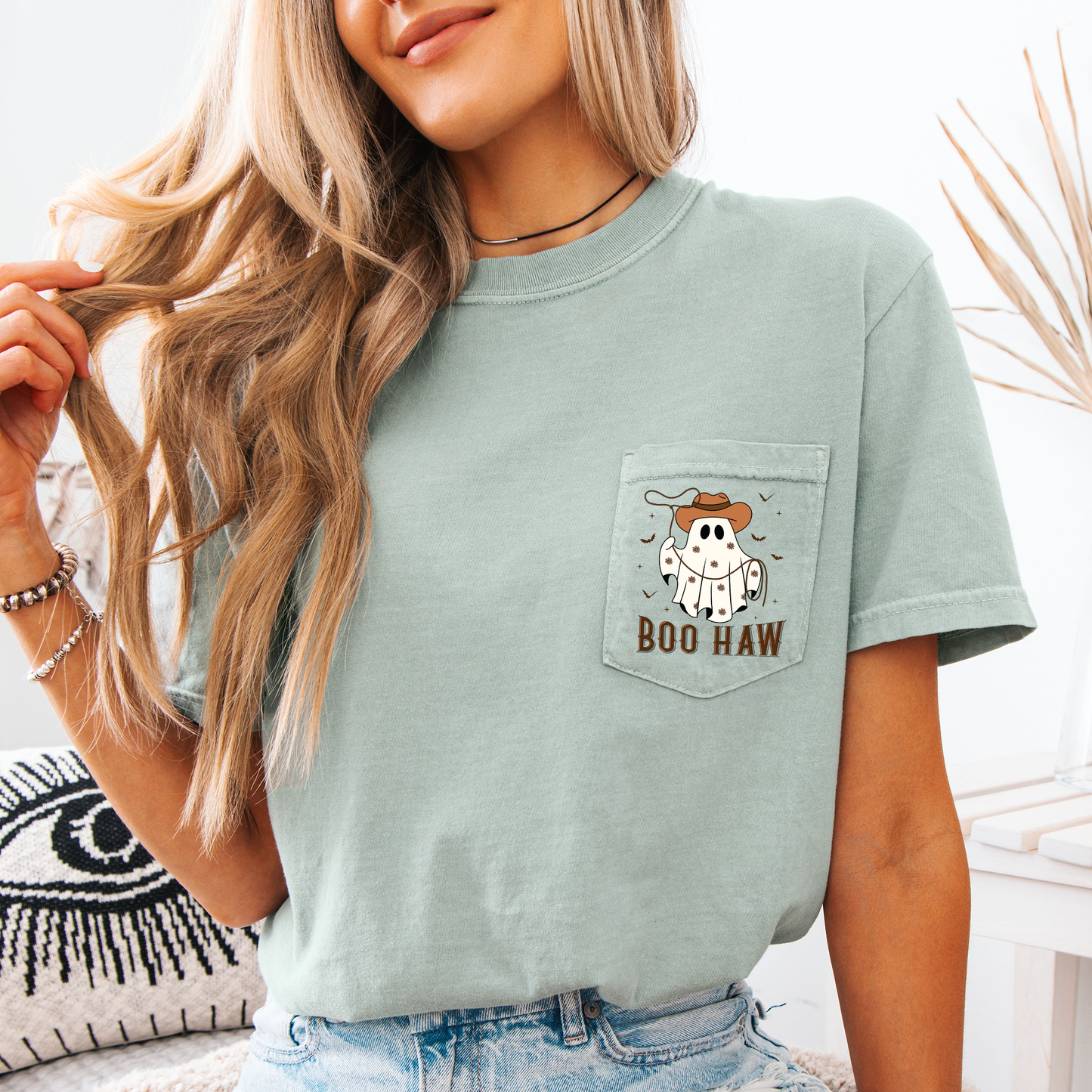 Boo Haw, Lasso, Cowboy, Western, Country, Halloween, Comfort Colors Pocket T-Shirt