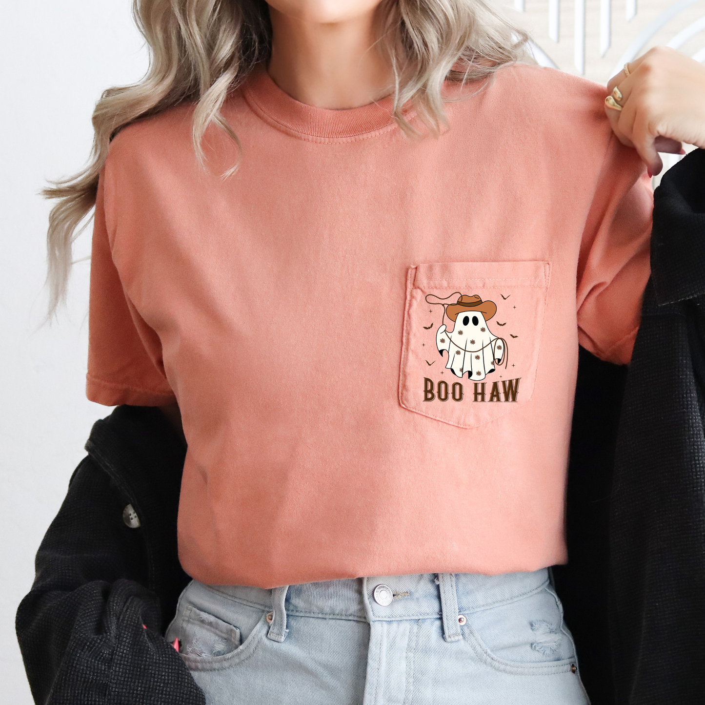 Boo Haw, Lasso, Cowboy, Western, Country, Halloween, Comfort Colors Pocket T-Shirt