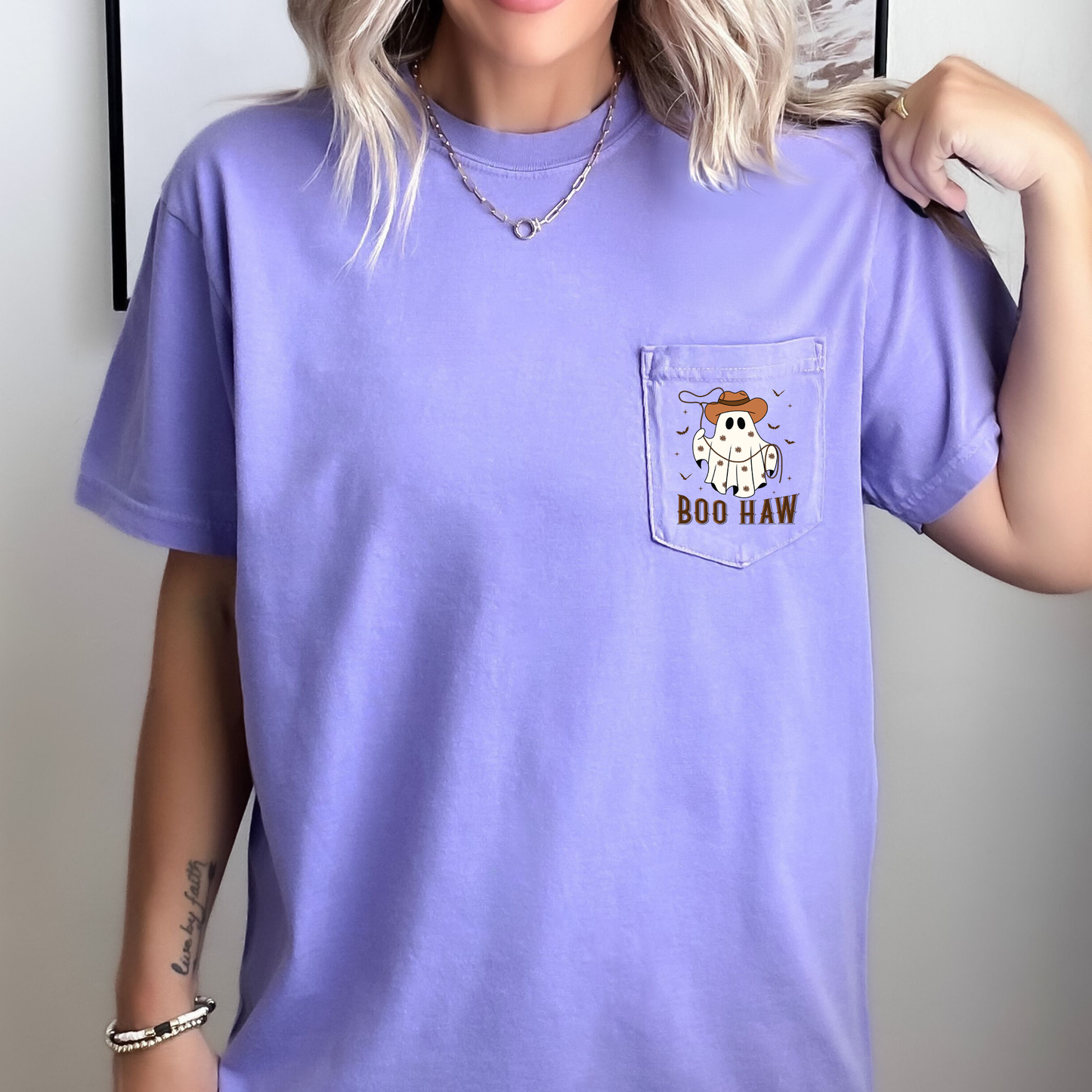 Boo Haw, Lasso, Cowboy, Western, Country, Halloween, Comfort Colors Pocket T-Shirt