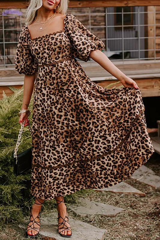 Brown Leopard Print Bubble Sleeve Square Neck Maxi Dress Aaria Tees