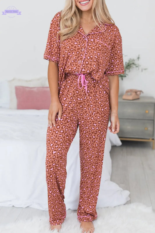 Brown Leopard Print Short Sleeve Shirt and Pants Pajamas Set Aaria Tees