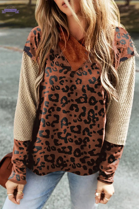 Brown Textured Knit Patchwork Leopard Hoodie Aaria Tees