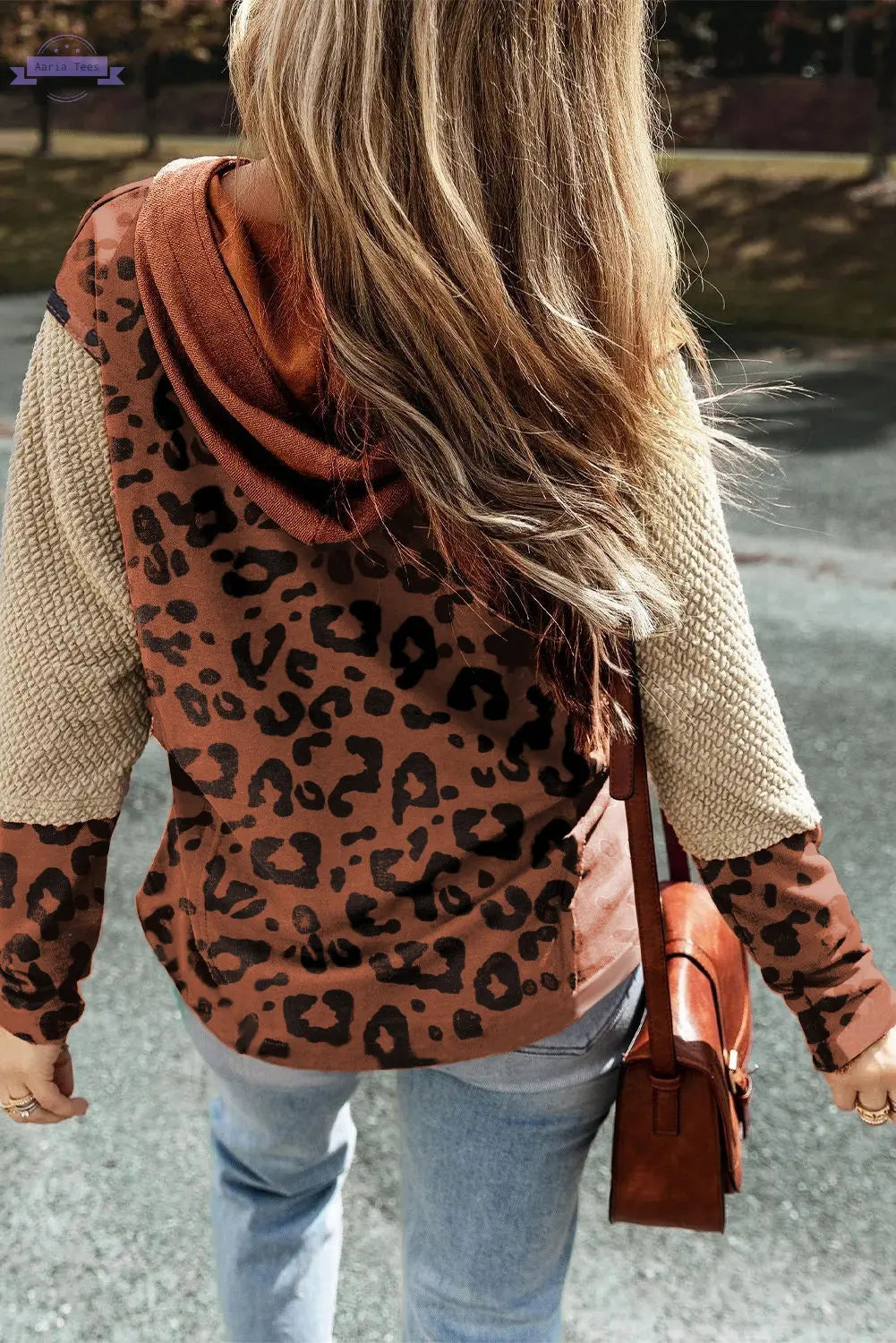 Brown Textured Knit Patchwork Leopard Hoodie Aaria Tees