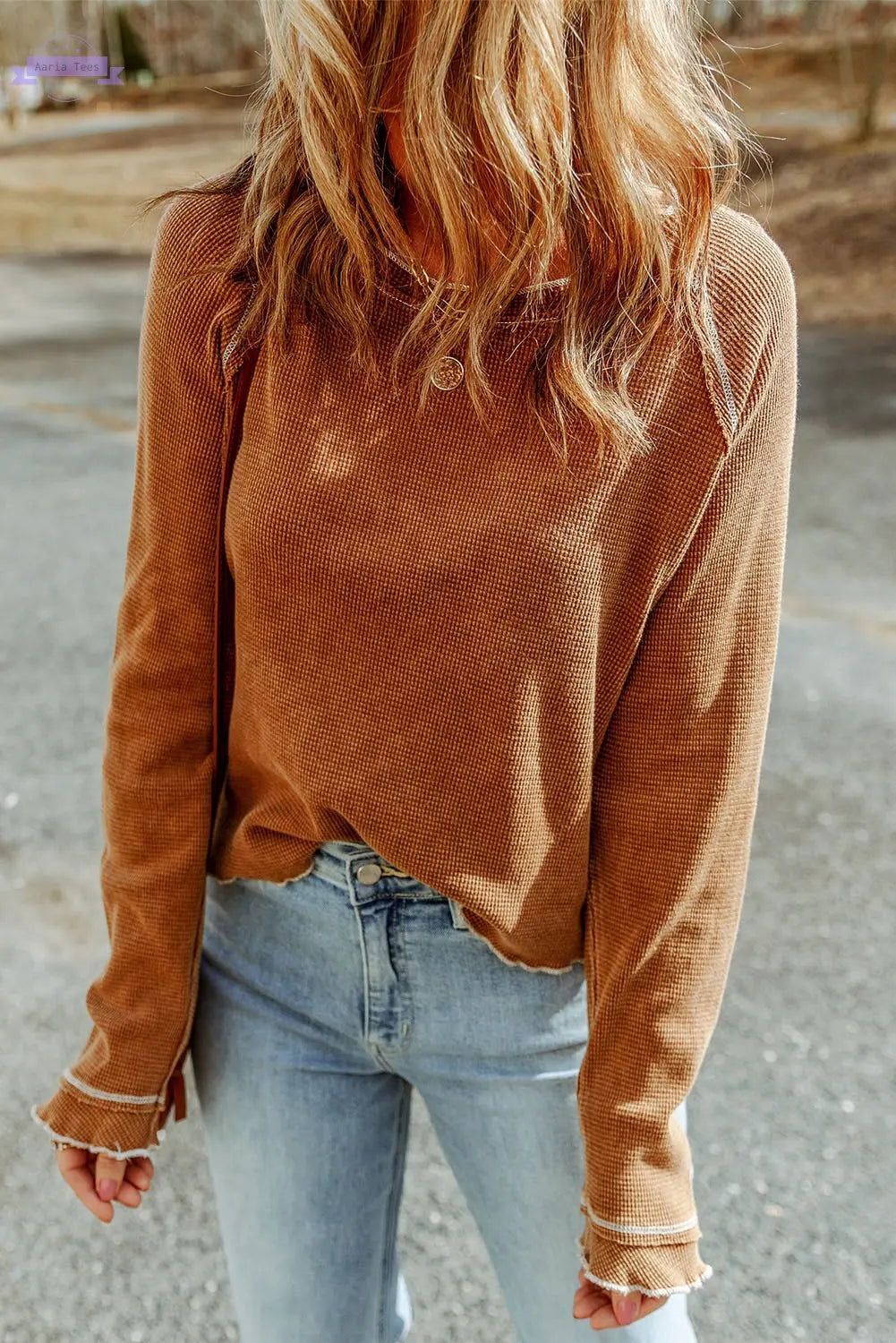 Brown Textured Round Neck Long Sleeve Top Aaria Tees Aaria Tees