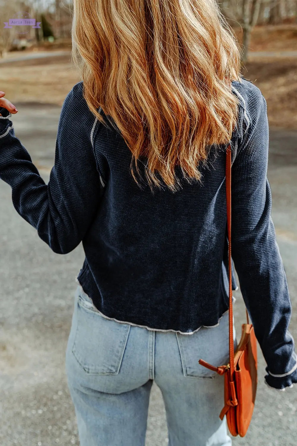 Brown Textured Round Neck Long Sleeve Top Aaria Tees Aaria Tees