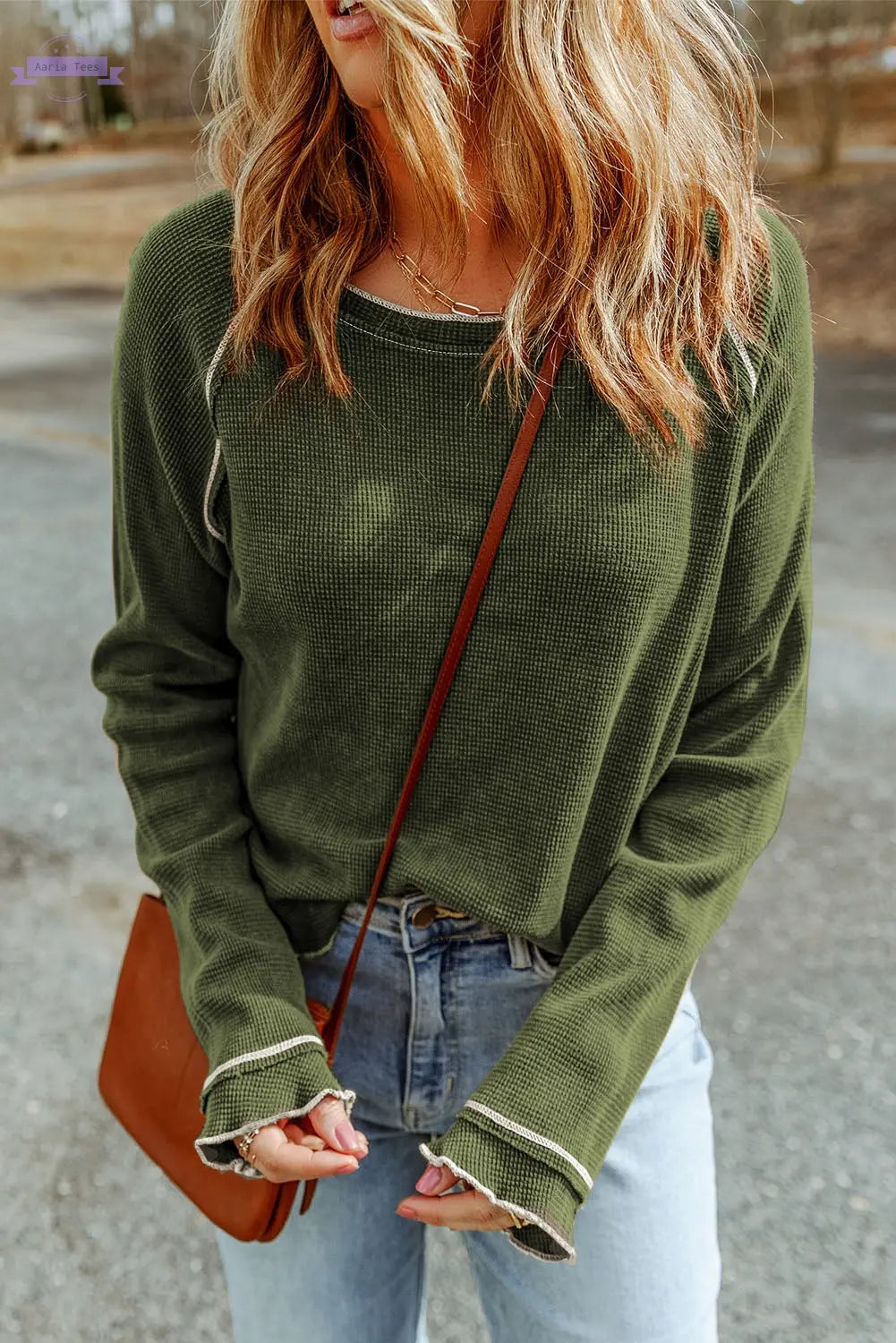 Brown Textured Round Neck Long Sleeve Top Aaria Tees Aaria Tees