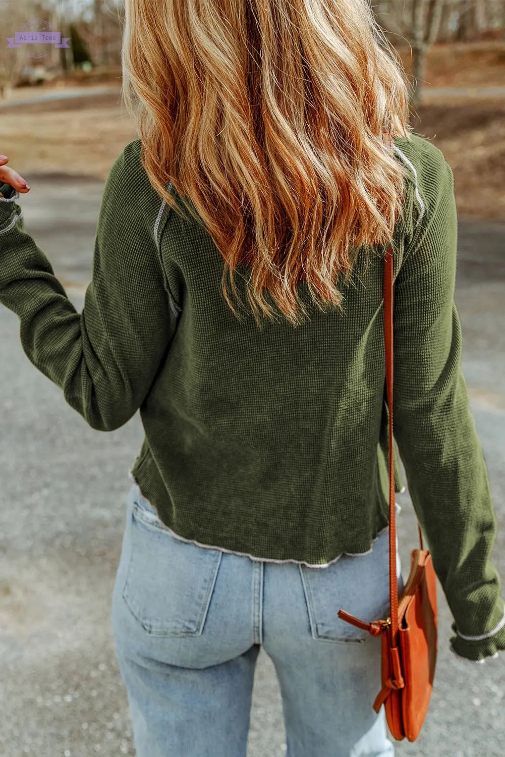 Brown Textured Round Neck Long Sleeve Top Aaria Tees Aaria Tees