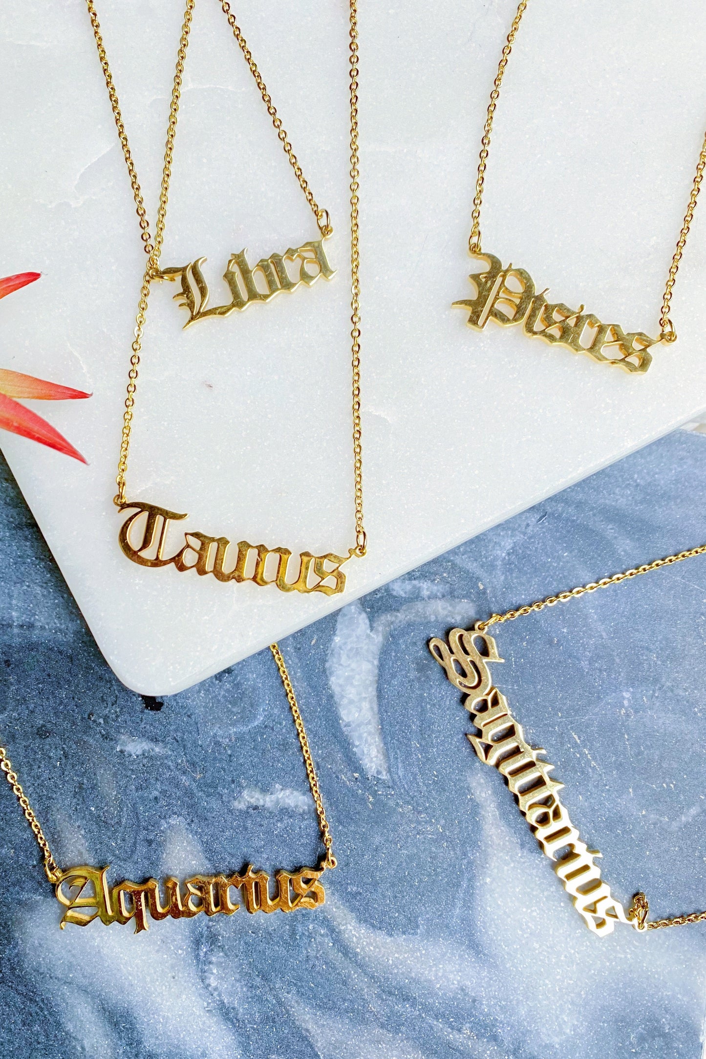 Old English Zodiac Necklace - Aaria Tees