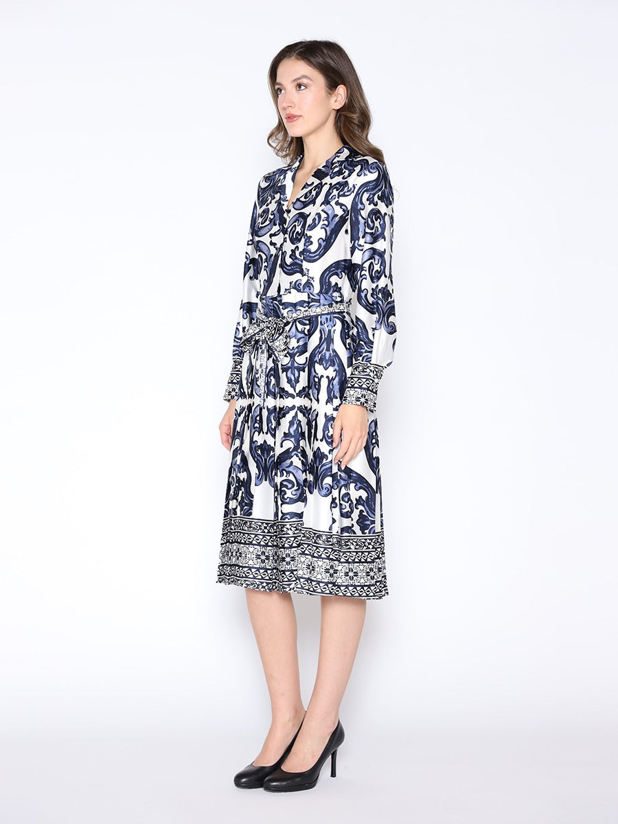 Floral Long Sleeve Lapel Collar Tie Belt Dress - Gracia D36953 - Aaria Tees