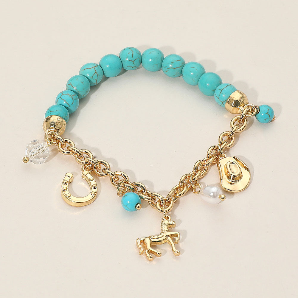 SECRET BOX Western Horse Horse Shoe Cowboy Hat Pearl Charm Beaded Stretch Bracelet