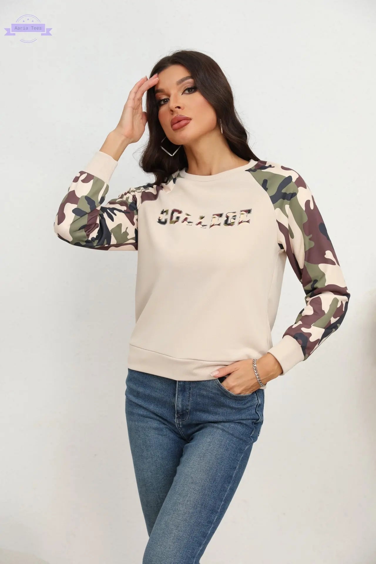 Camouflage Raglan Sleeve Sweatshirt Trendsi