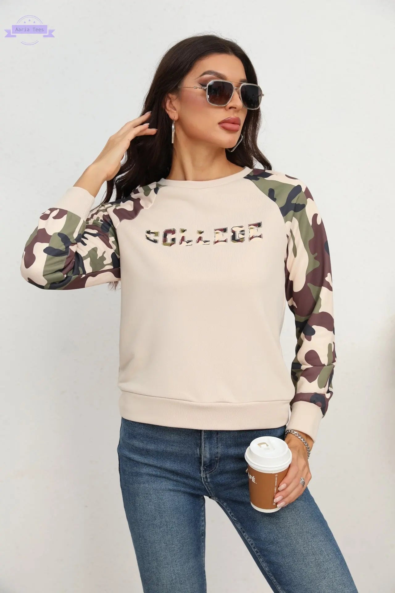 Camouflage Raglan Sleeve Sweatshirt Trendsi