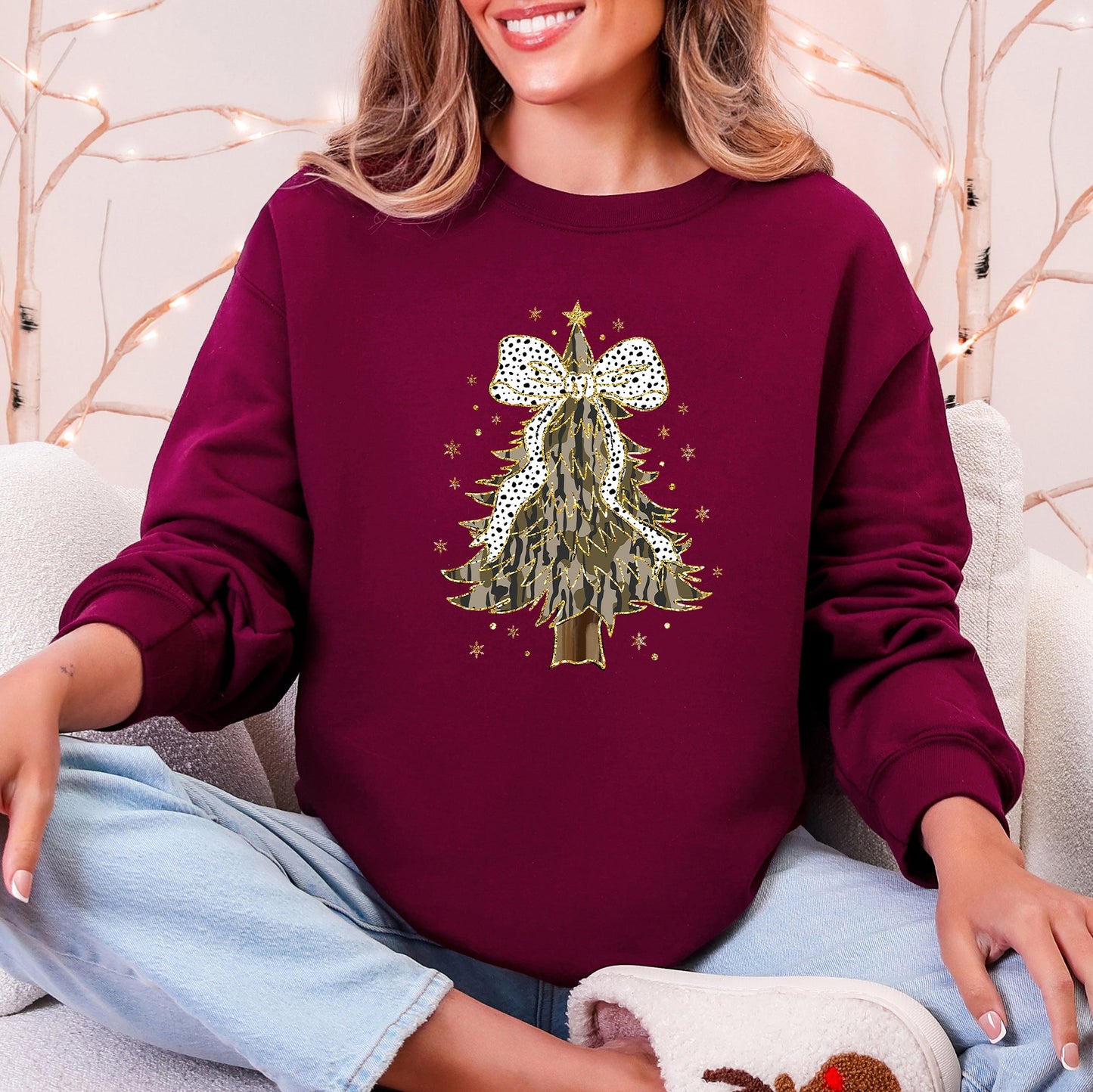 Christmas Camo Tree, Ribbon, Bows, Santa Sweatshirt
